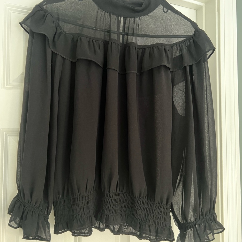 NWT Ann Taylor Black Ruffled Blouse with Bishop Sleeves